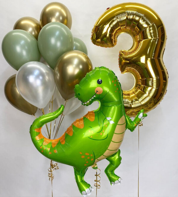 N-85 Hēlija balonu kompozīcija "Balonu pušķis ar hromu no 12gb, cipars, dinozaurs".