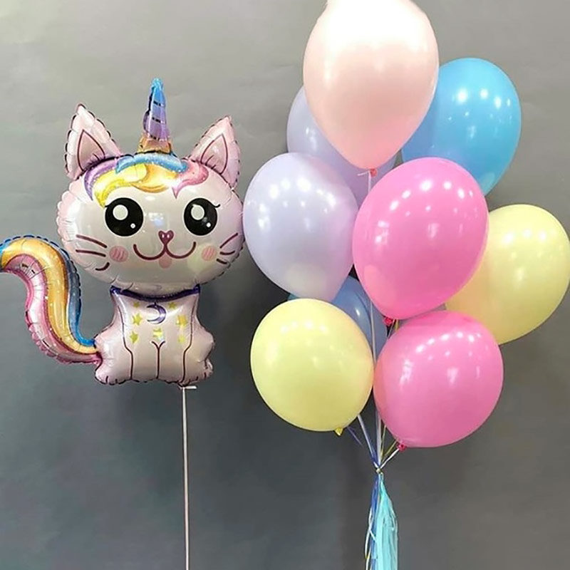N-83 Hēlija balonu kompozīcija "Balonu pušķis no 10gb un kaķis vienradzis".