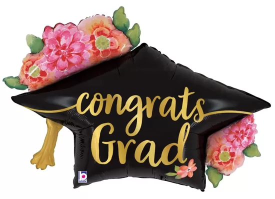 Folija balons "Congrats Grad", izlaiduma cepure ar ziediem,  79 cm