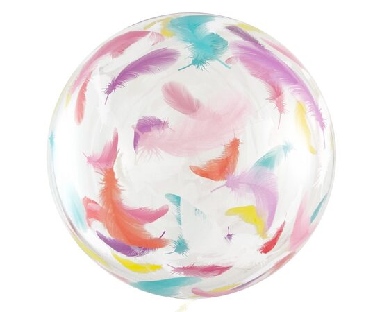 Apaļš caurspīdīgs balons "Kristāls - krāsas spalvas", ar uzdruku, 46 cm