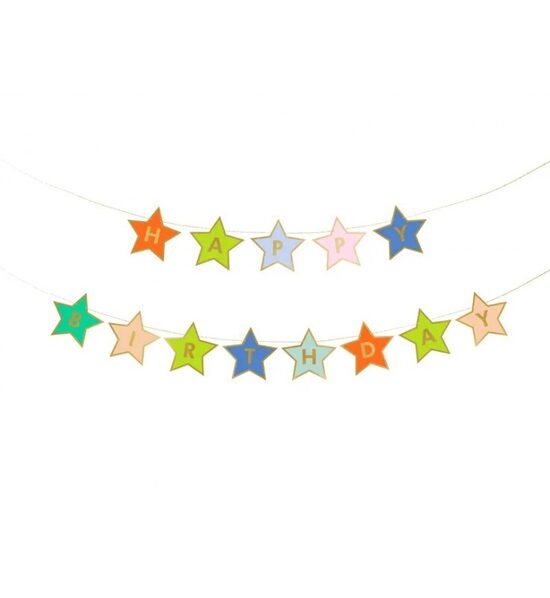 Papīra virtene "HAPPY BIRTHDAY", 260 x 16.5 cm, krāsainas zvaigznes ar zelta apmali