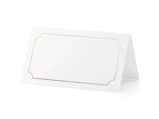 Galda kartiņas, baltā krāsā ar zelta rāmi. Izmērs 9.5 x 5.5 cm, 10 gb