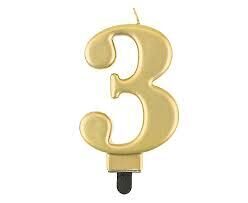 Svecīte cipara 3 formā, zelta, 8 cm