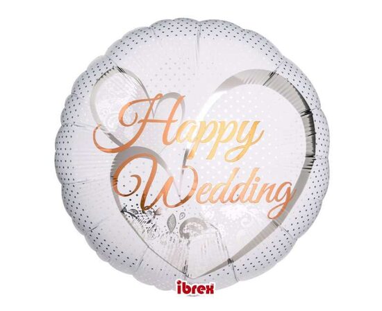 Folija balons "Happy Wedding", apaļš, baltā krāsa ar uzrakstu, 30 cm