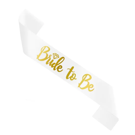 Topošās līgavas lente, baltā krāsā ar zelta uzrakstu "Bride to Be"