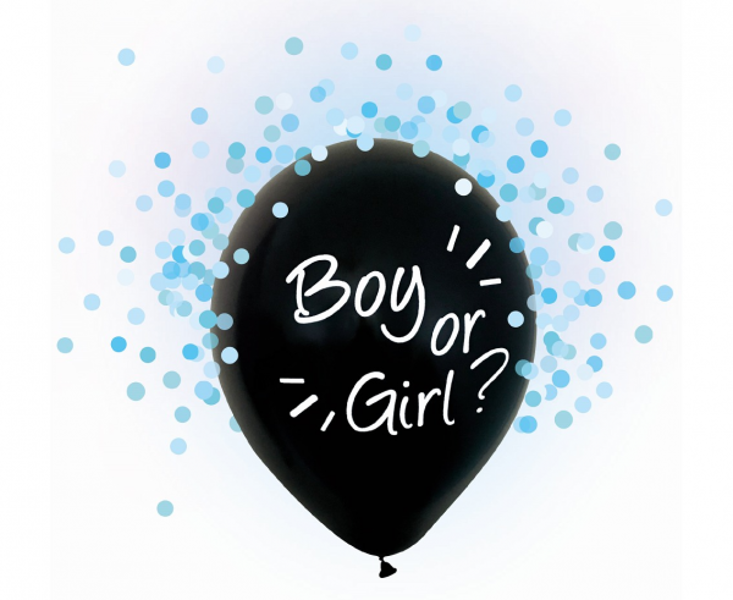 30 cm lateksa balons "Boy or girl/ Puika vai meitene" ar zilo konfeti - 4 gb.