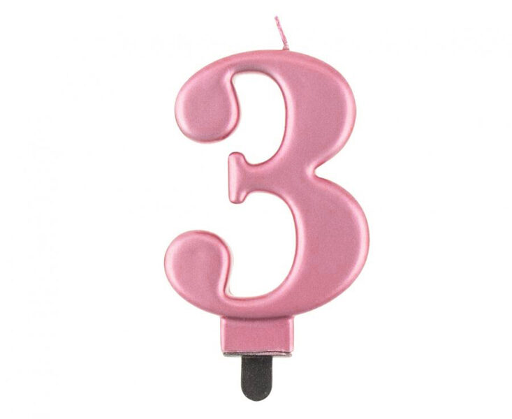 Svecīte cipara 3 formā, rozā zelts, 8 cm