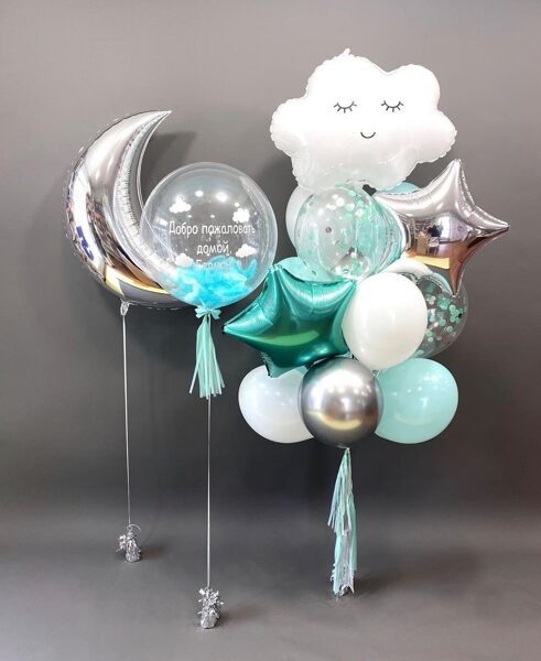 N-80 Hēlija balonu kompozīcija "Balonu pušķis ar makonīti, mēness, bubble balons ar spalvam un uzrakstu".
