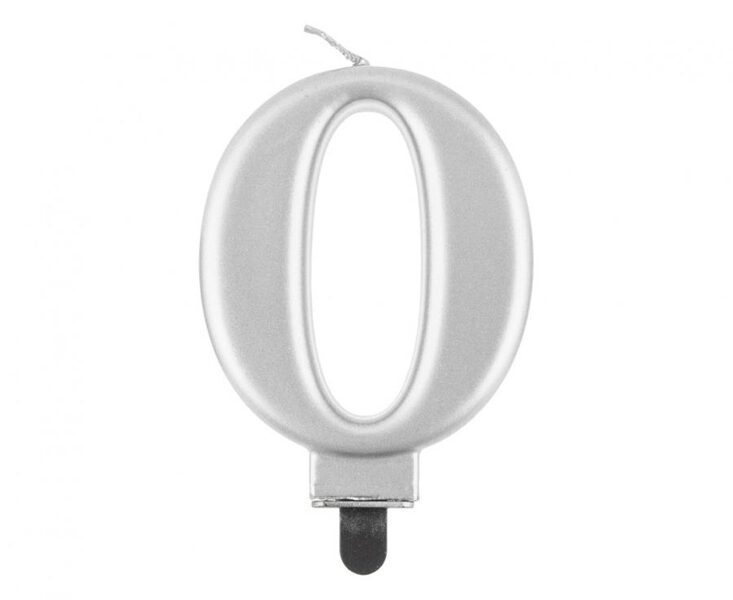 Svecīte cipara 0 formā, sudraba, 8 cm