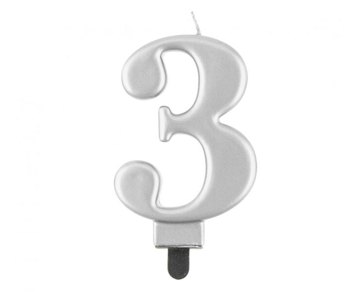 Svecīte cipara 3 formā, sudraba, 8 cm