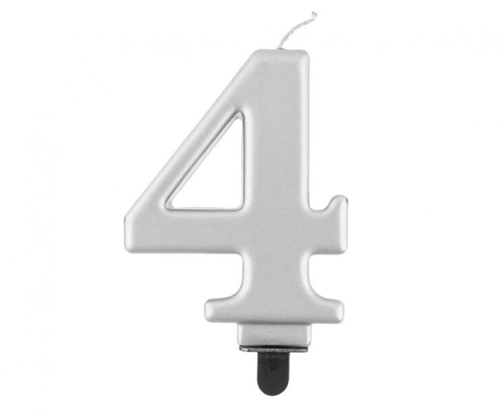 Svecīte cipara 4 formā, sudraba, 8 cm