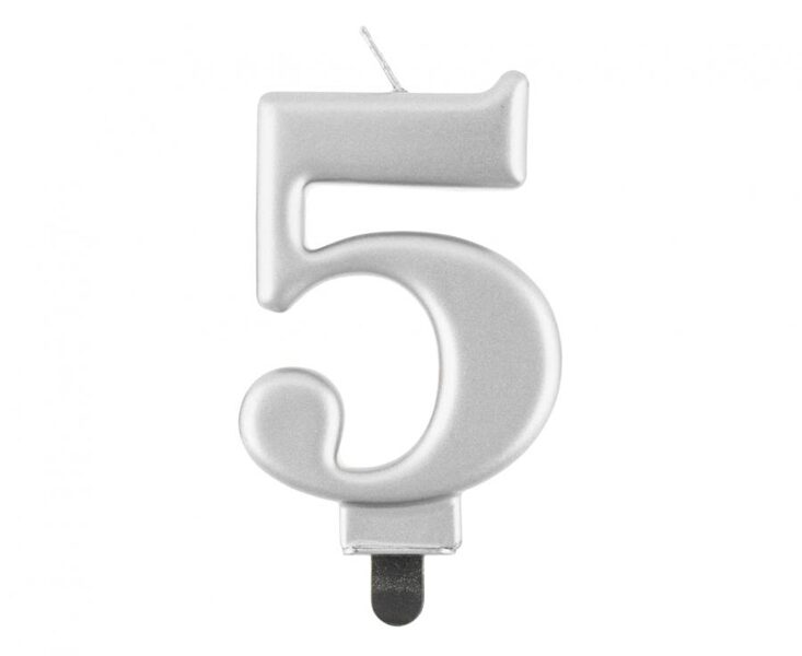 Svecīte cipara 5 formā, sudraba, 8 cm
