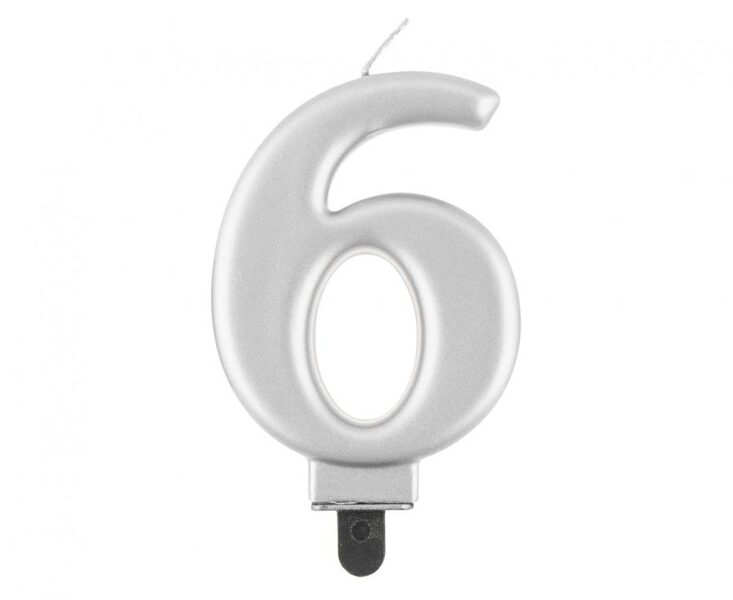 Svecīte cipara 6 formā, sudraba, 8 cm