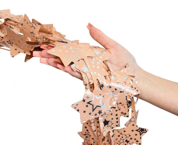 Lietutiņa aizkars, persiku krāsā ar sudraba printu, zvaigznes, 100 x 200 cm