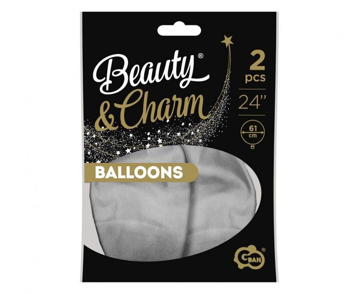 2 gb, 61 cm hromēts lateksa balons "Beauty & Charm", sudraba krāsa 