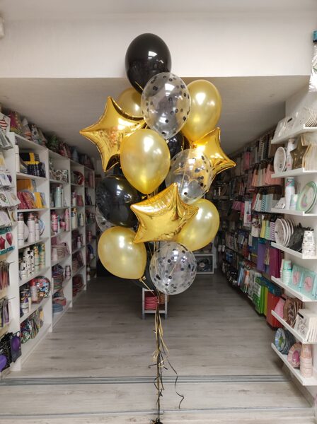 N-30 Hēlija balonu kompozīcija "Balonu pušķis - melns un zellts".