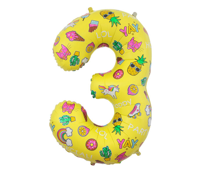Folija balons "3 - Ar zīmējumiem (saldējums, vienradzis, varavīksne, kaktuss)", 78 cm
