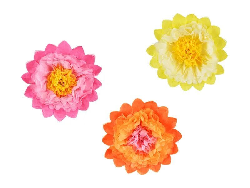 Zīdpapīra ziedi, komplektā 3 gab, izmērs 35 cm, 3 krāsas.