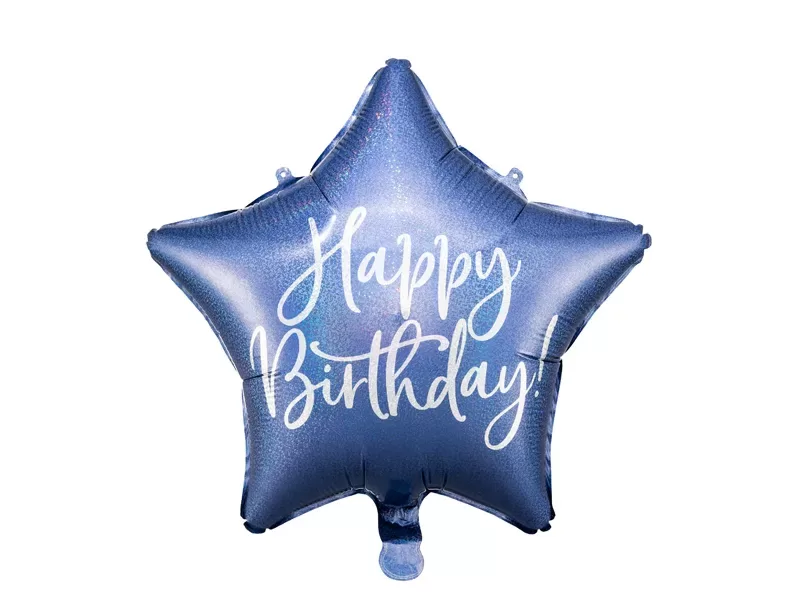 Folija balons "Happy Birthday - zvaigzne", zila holografiskā, 46 cm