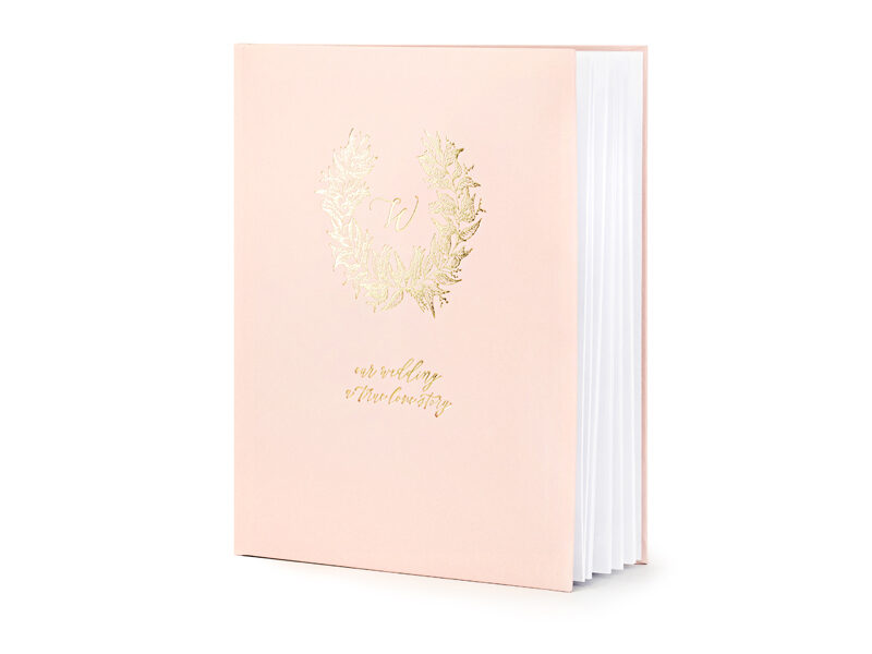 Viesu grāmata rozā krāsā ar zelta uzrakstu "Our Wedding & true love story", 20x24.5cm, 22 lpp