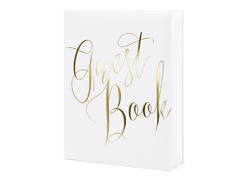 Viesu grāmata, balta ar zelta uzrakstu "Guest Book"