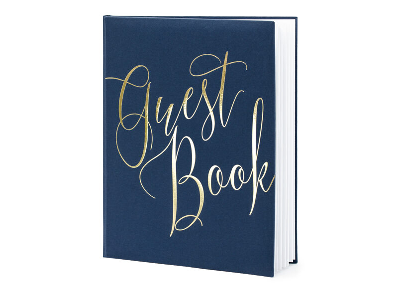 Viesu grāmata, zilā ar zelta uzrakstu "Guest Book"