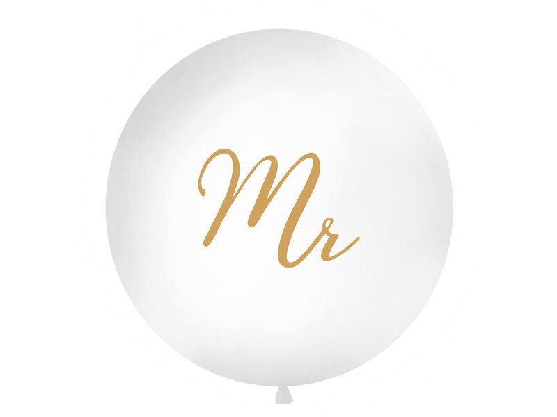 Balts kāzu balons, baltā krāsa ar zelta uzrakstu "Mr" - 1m