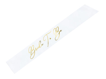 Topošās līgavas lente, baltā krāsā ar zelta uzrakstu "Bride to Be"