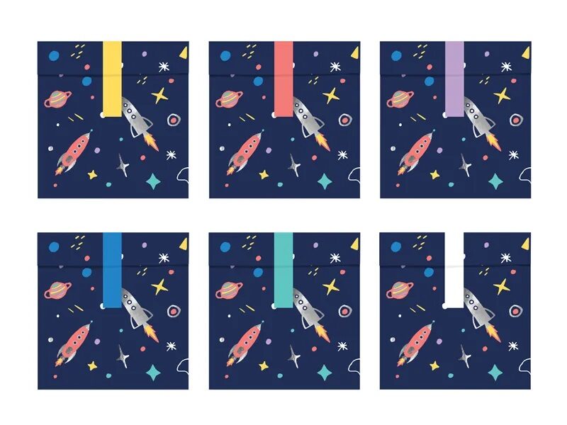 Papīra maisiņi "Kosmoss", zilā krāsā ar uzlīmēm.