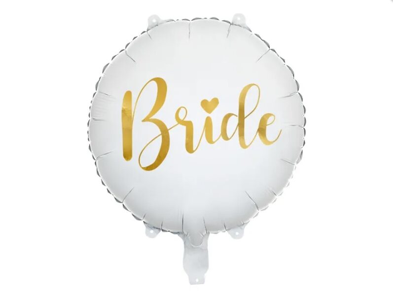Folija balons "Bride", apaļš, baltā krāsa ar zelta uzrakstu, 45 cm