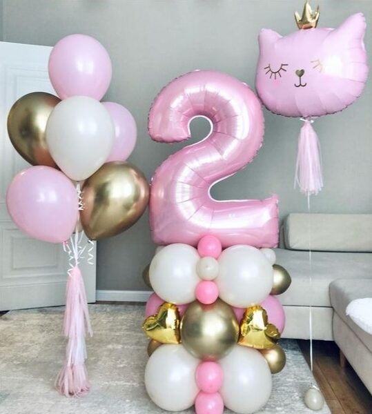 N-43 Hēlija balonu komplekts "Balonu pušķis, cipars uz pamatnes, kaķis".