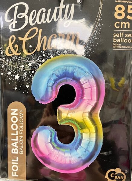 Folija balons "3", 85 cm, varavīksnes krāsas