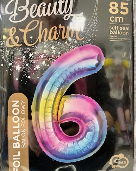 Folija balons "6", 85 cm, varavīksnes krāsas