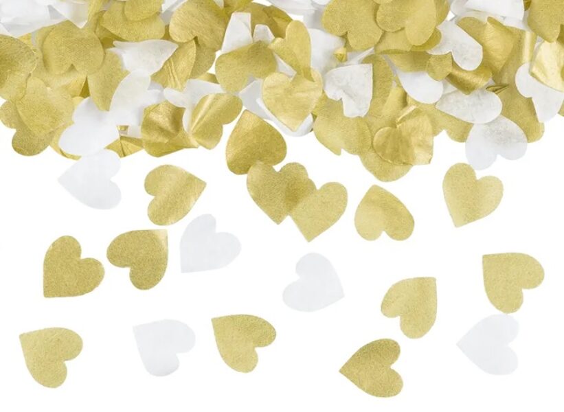 Ar roku metami konfetti tubā, zelta un baltas krāsas papīra sirdis, 35 cm