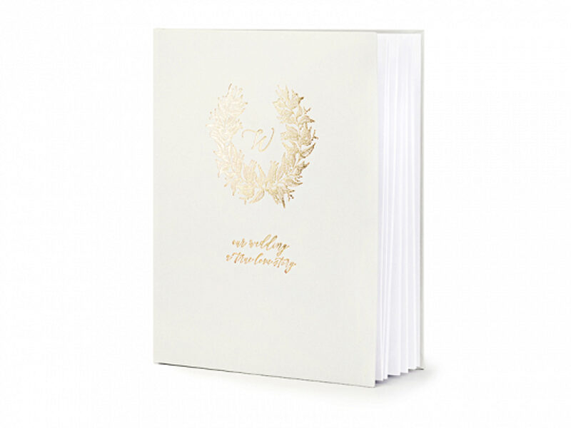 Viesu grāmata baltā krāsā ar zelta uzrakstu "Our Wedding & true love story", 20x24.5cm, 22 lpp