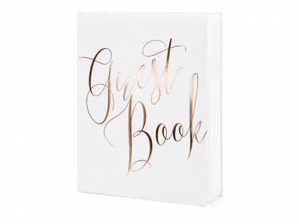 Viesu grāmata, balta ar rozā zelta uzrakstu "Guest Book"