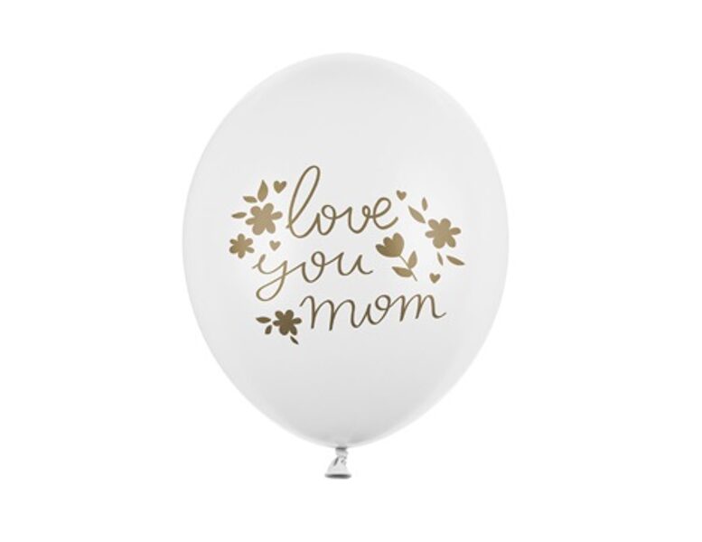 30 cm lateksa balons "Love you mom - mīlu tevi mammu", baltā krāsa - 1 gb.