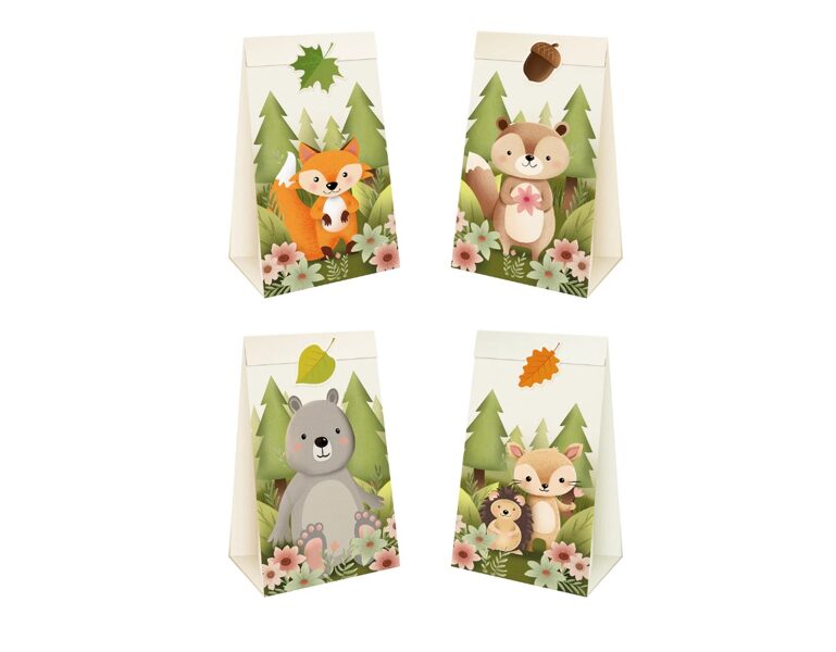 Papīra maisiņi "Meža dzīvnieki", ar uzlīmēm, 4 gb 