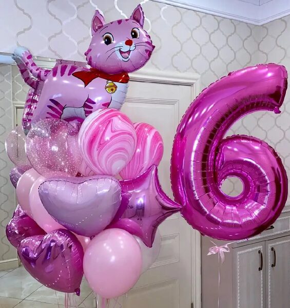 N-82 Hēlija balonu kompozīcija "Cipars un balonu pušķis ar kaķīti".