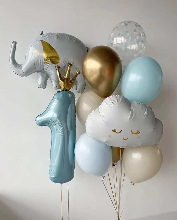 N-64 Hēlija balonu kompozīcija "Zilonītis, cipars un balonu pušķis ar makonīti".